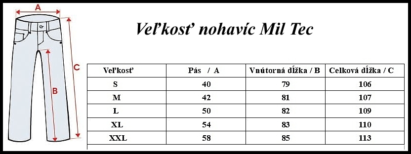 tabulka velkosti nohavic mil tec t
